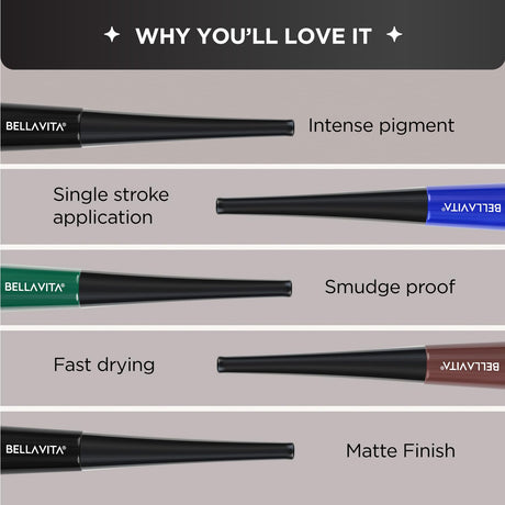BELLAVITA Intense Drama Waterproof Eyeliner, Black, Matte Finish, Smudge - Proof, Fast - Drying, Felt Tip Applicator, Enriched with Biotin, 3.5 ml - Vamzn#